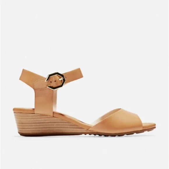 Cole Hann Genuine Leather Tan Wedge Sandals With Cushioned Footbed NIB - Picture 2 of 11